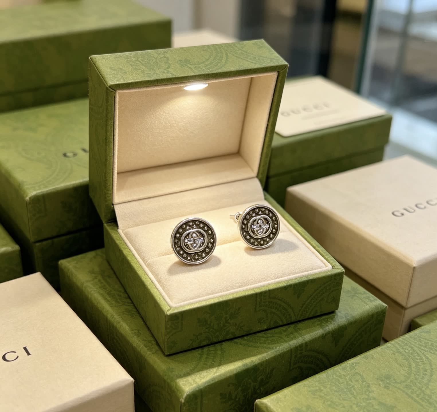 Gucci Silver Tone Round Stud Earrings with Crystal Accents
