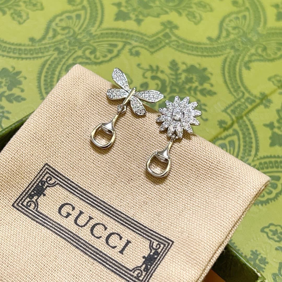 Gucci Silver Butterfly and Flower Earrings