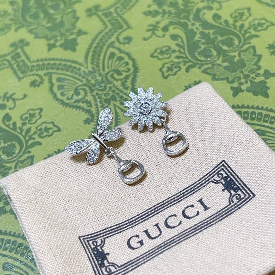 Gucci Silver Butterfly and Flower Earrings