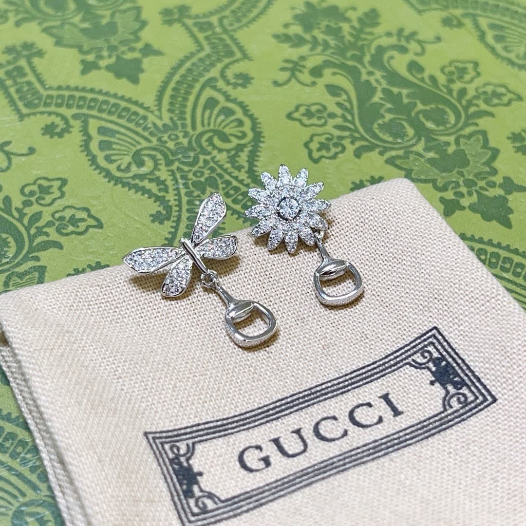 Gucci Silver Butterfly and Flower Earrings