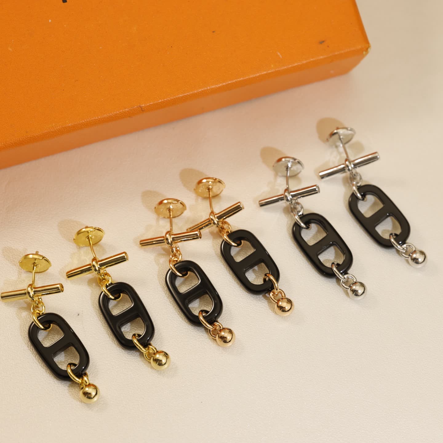 Hermes Hermès Black Enamel and Gold Chain Earrings