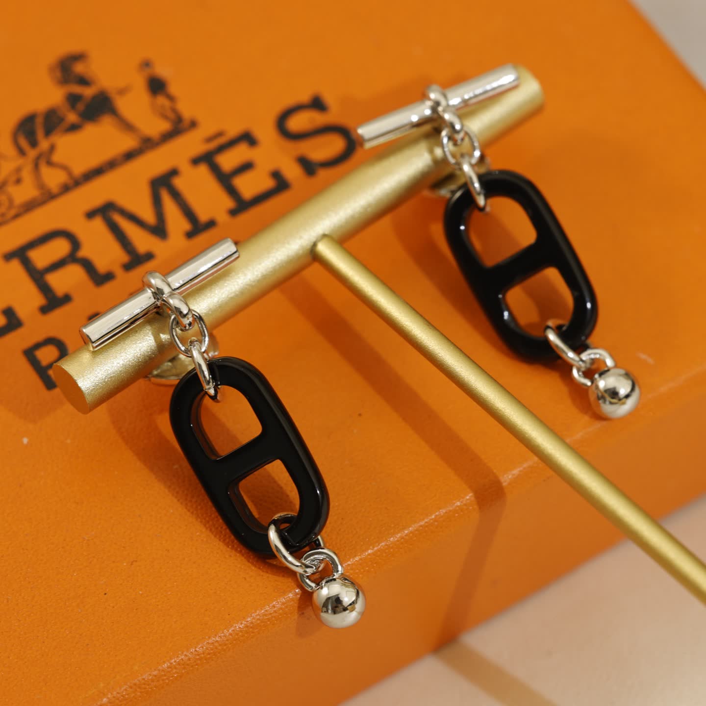 Hermes Hermès Black Enamel and Gold Chain Earrings