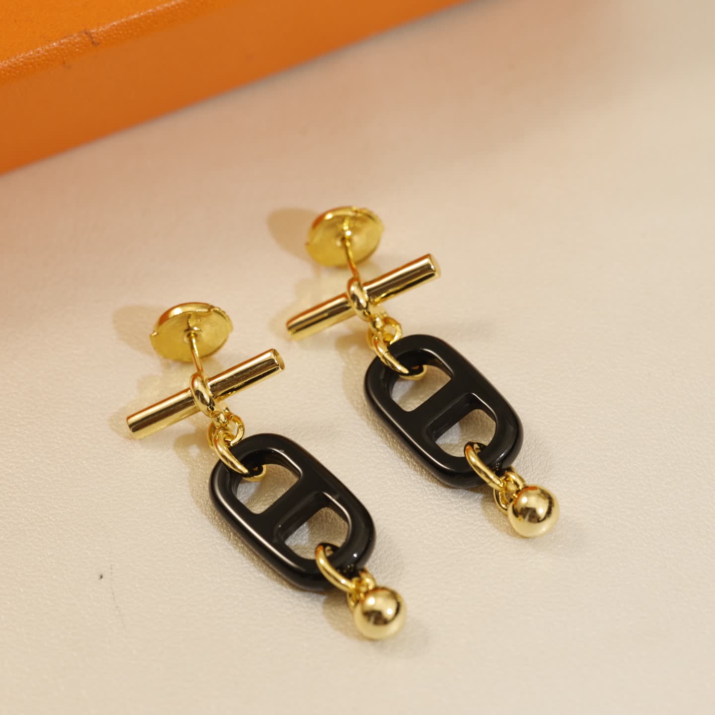 Hermes Hermès Black Enamel and Gold Chain Earrings