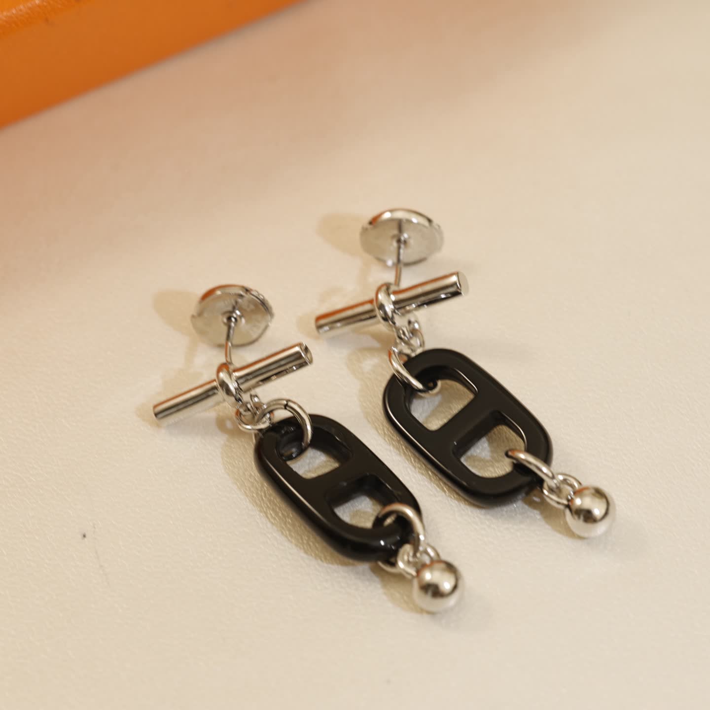 Hermes Hermès Black Enamel and Gold Chain Earrings