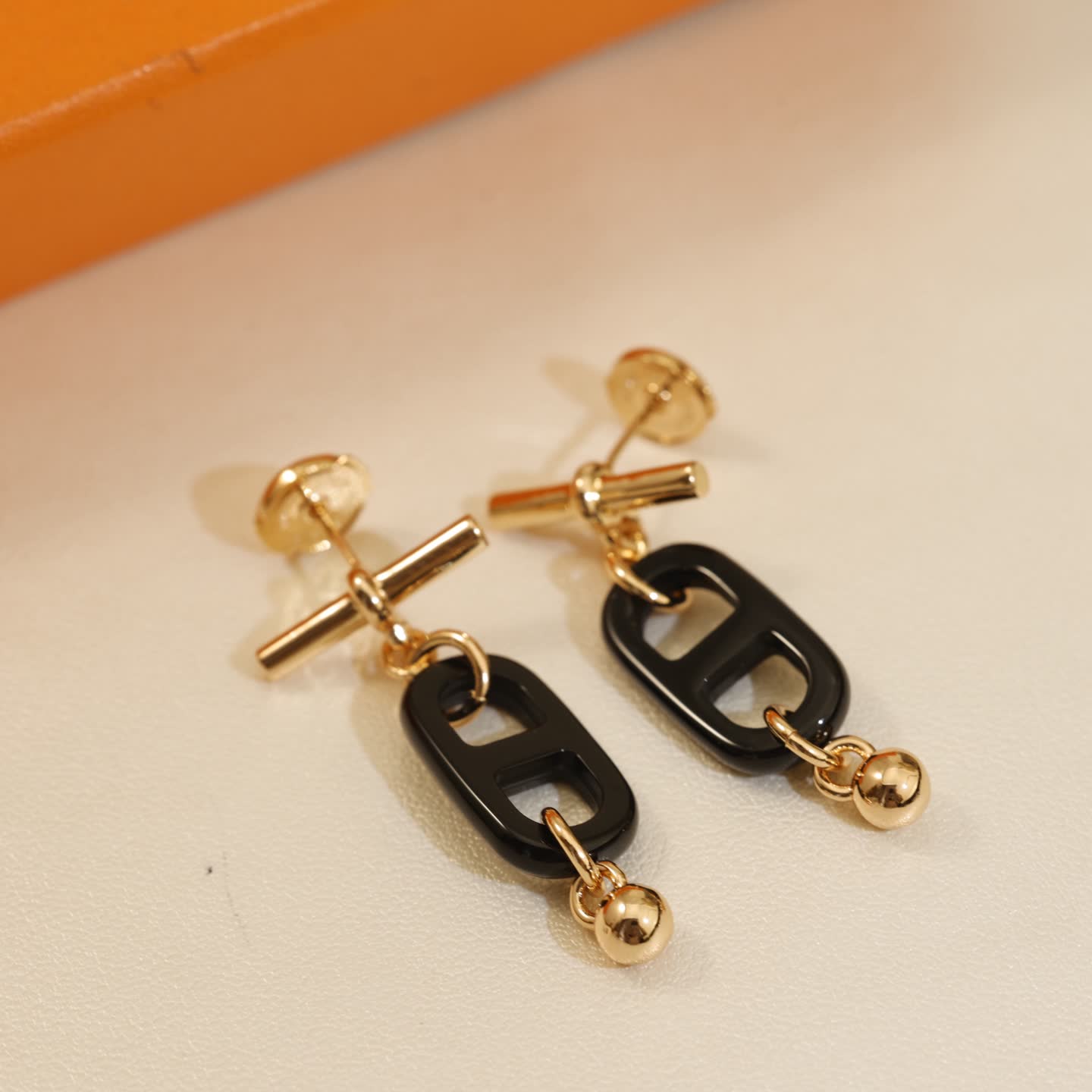 Hermes Hermès Black Enamel and Gold Chain Earrings