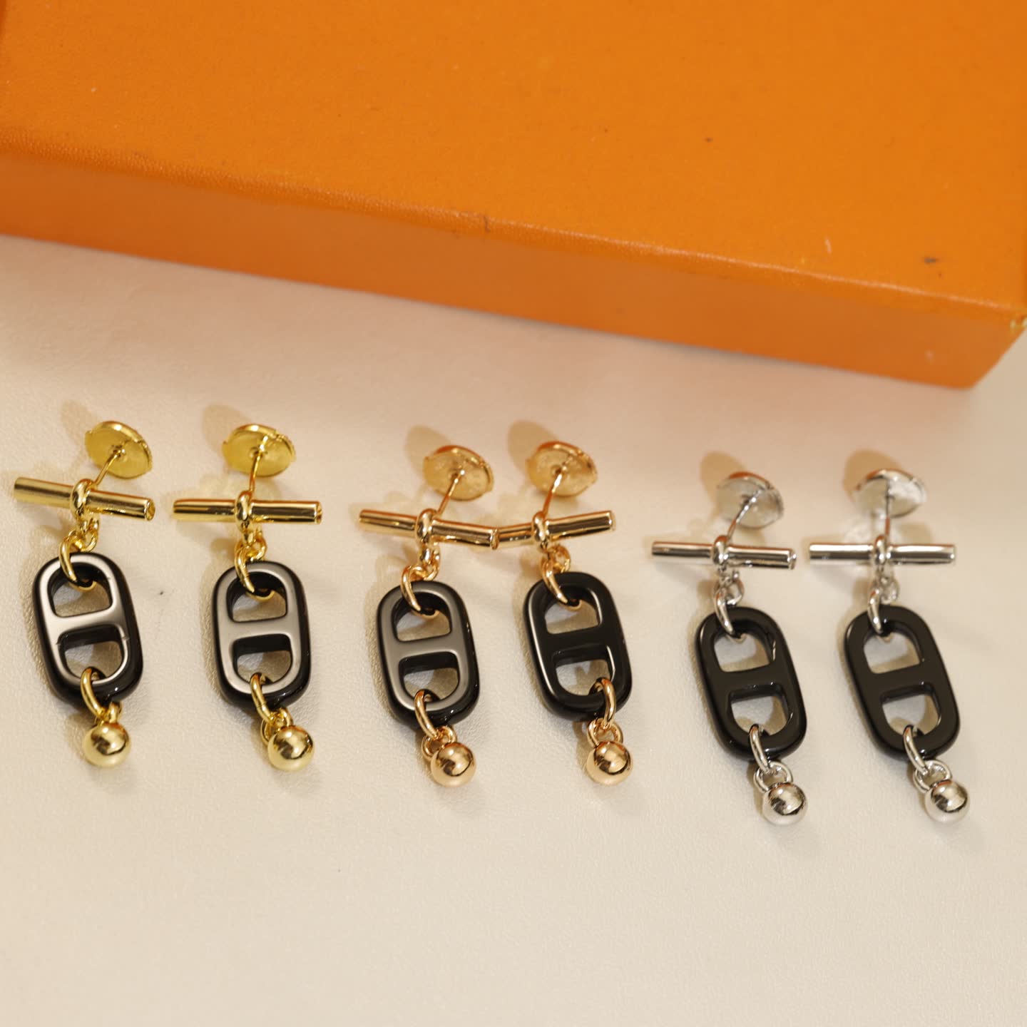 Hermes Hermès Black Enamel and Gold Chain Earrings