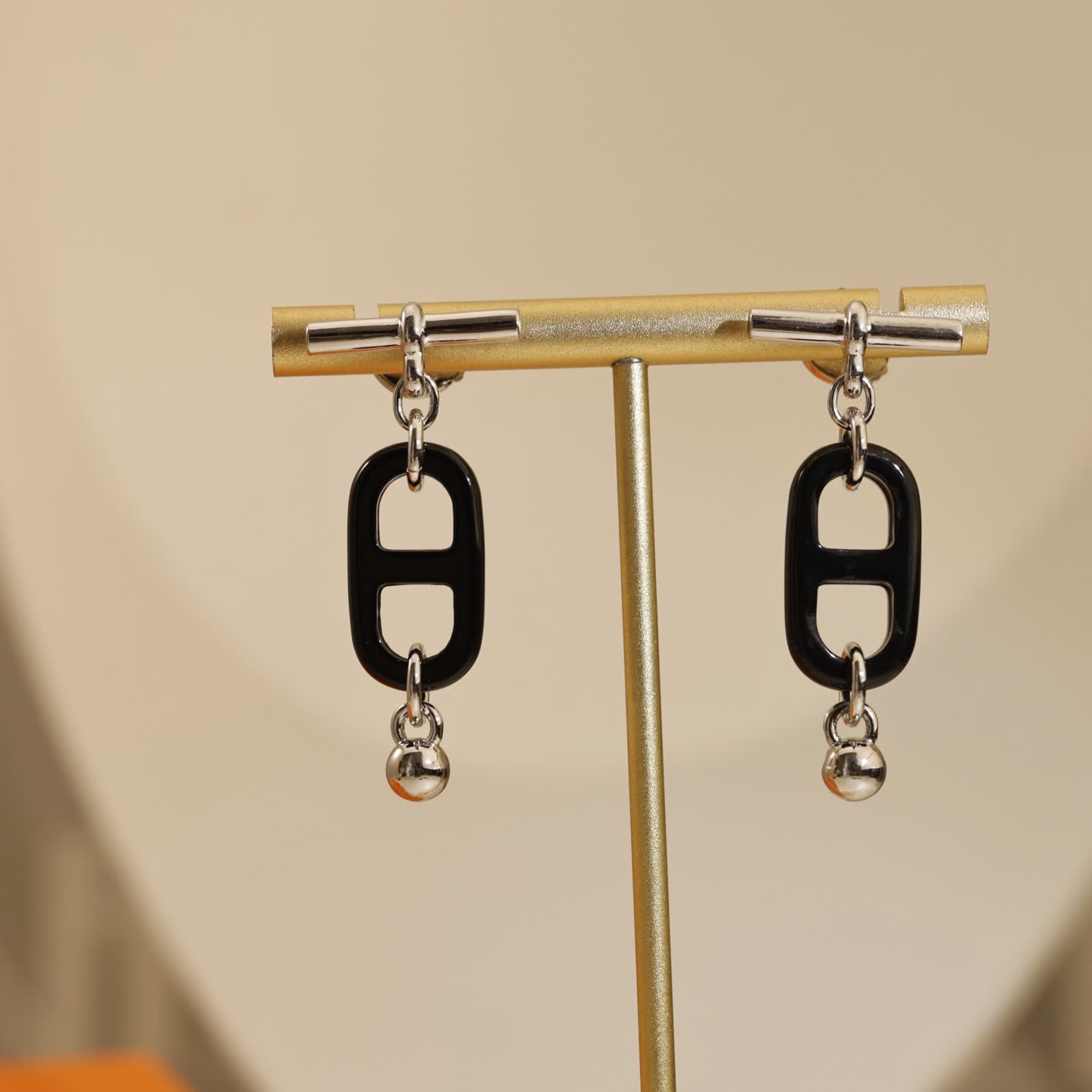 Hermes Hermès Black Enamel and Gold Chain Earrings
