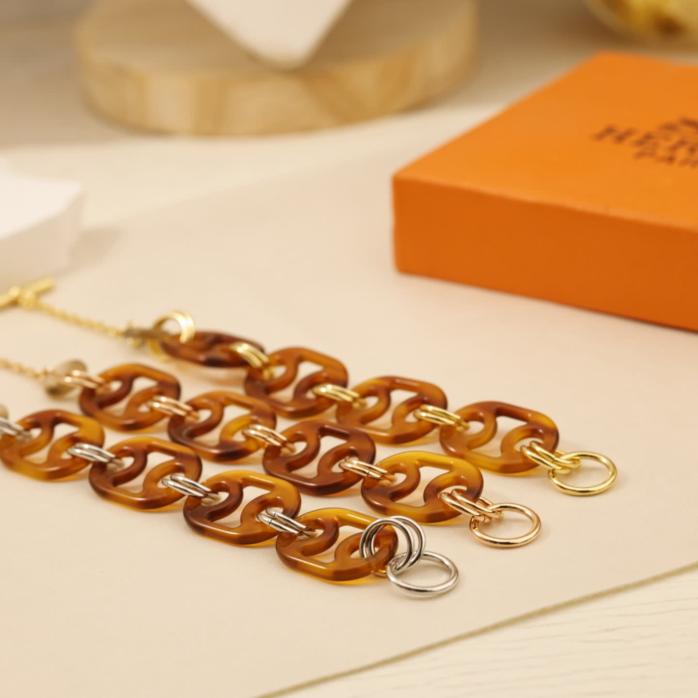 Hermes Hermès Brown Enamel & Gold Chain Earrings