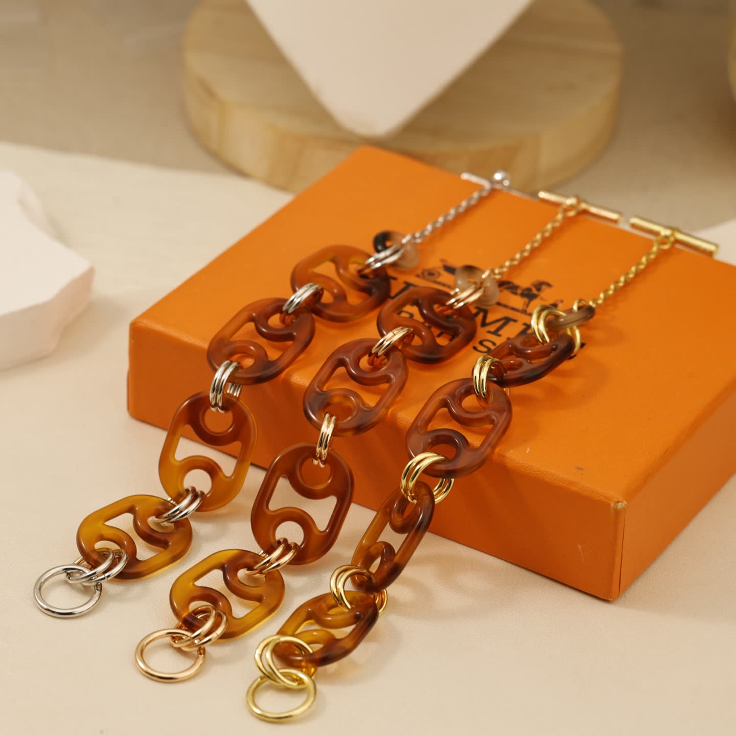 Hermes Hermès Brown Enamel & Gold Chain Earrings