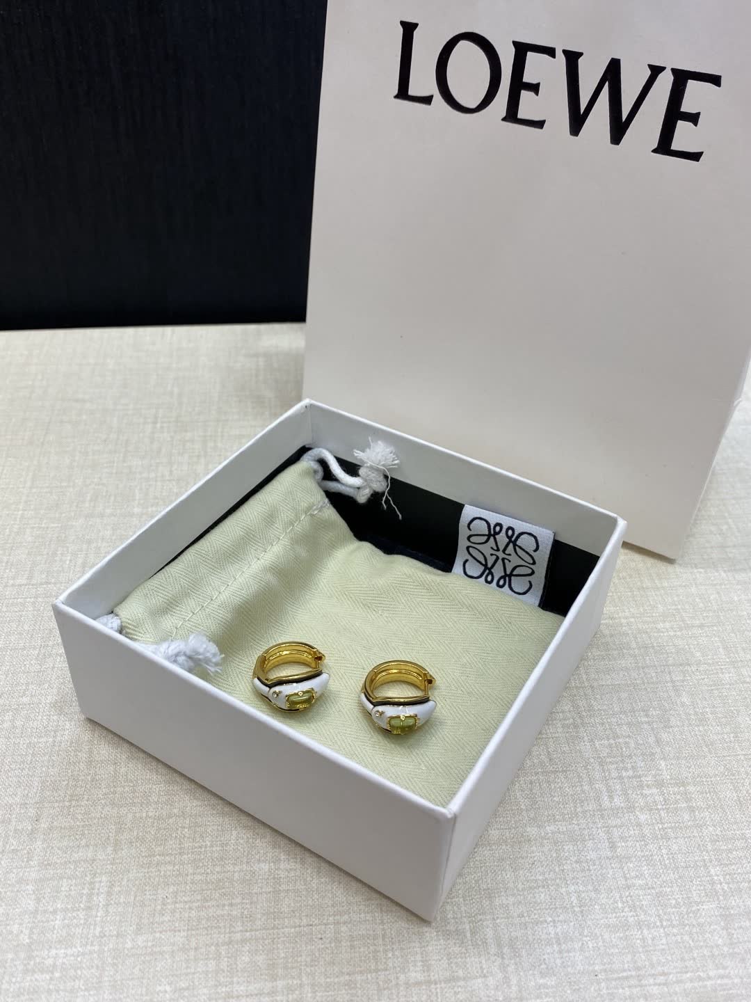 LOEWE Gold and White Enamel Hoop Earrings