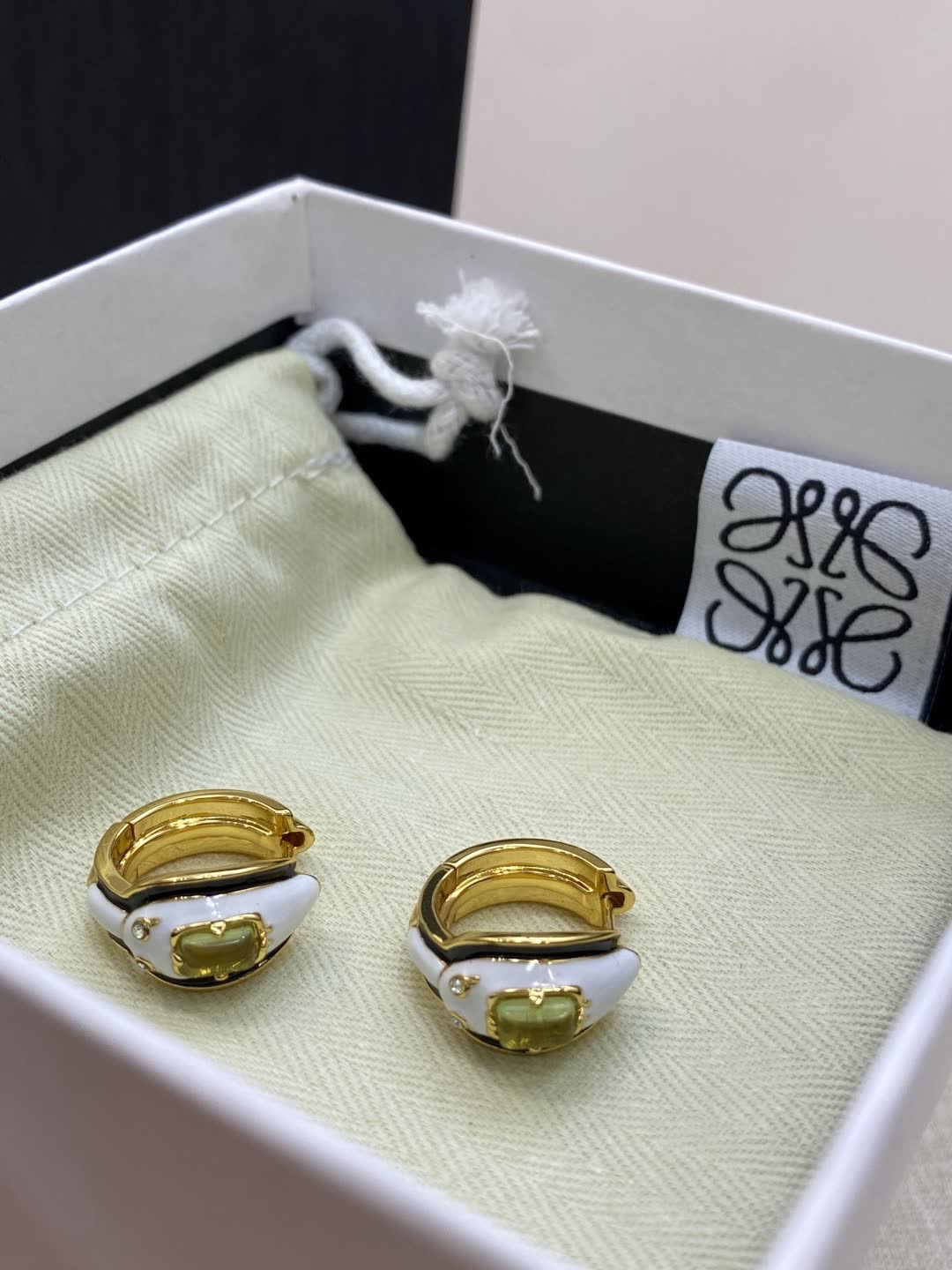 LOEWE Gold and White Enamel Hoop Earrings