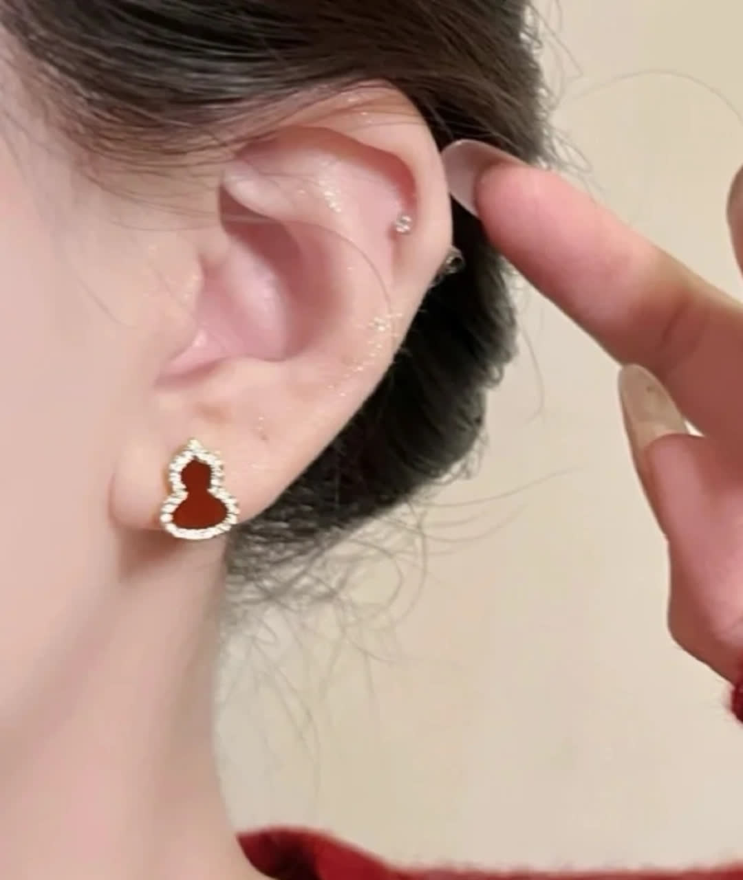 Qeelin Gold Buddha Stud Earrings with Red Enamel