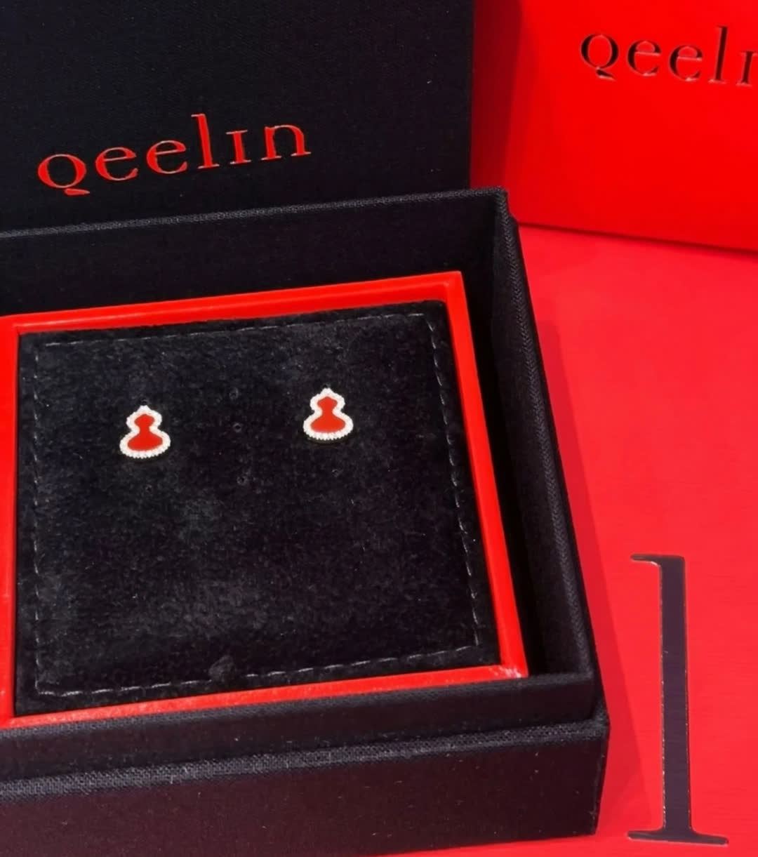 Qeelin Gold Buddha Stud Earrings with Red Enamel