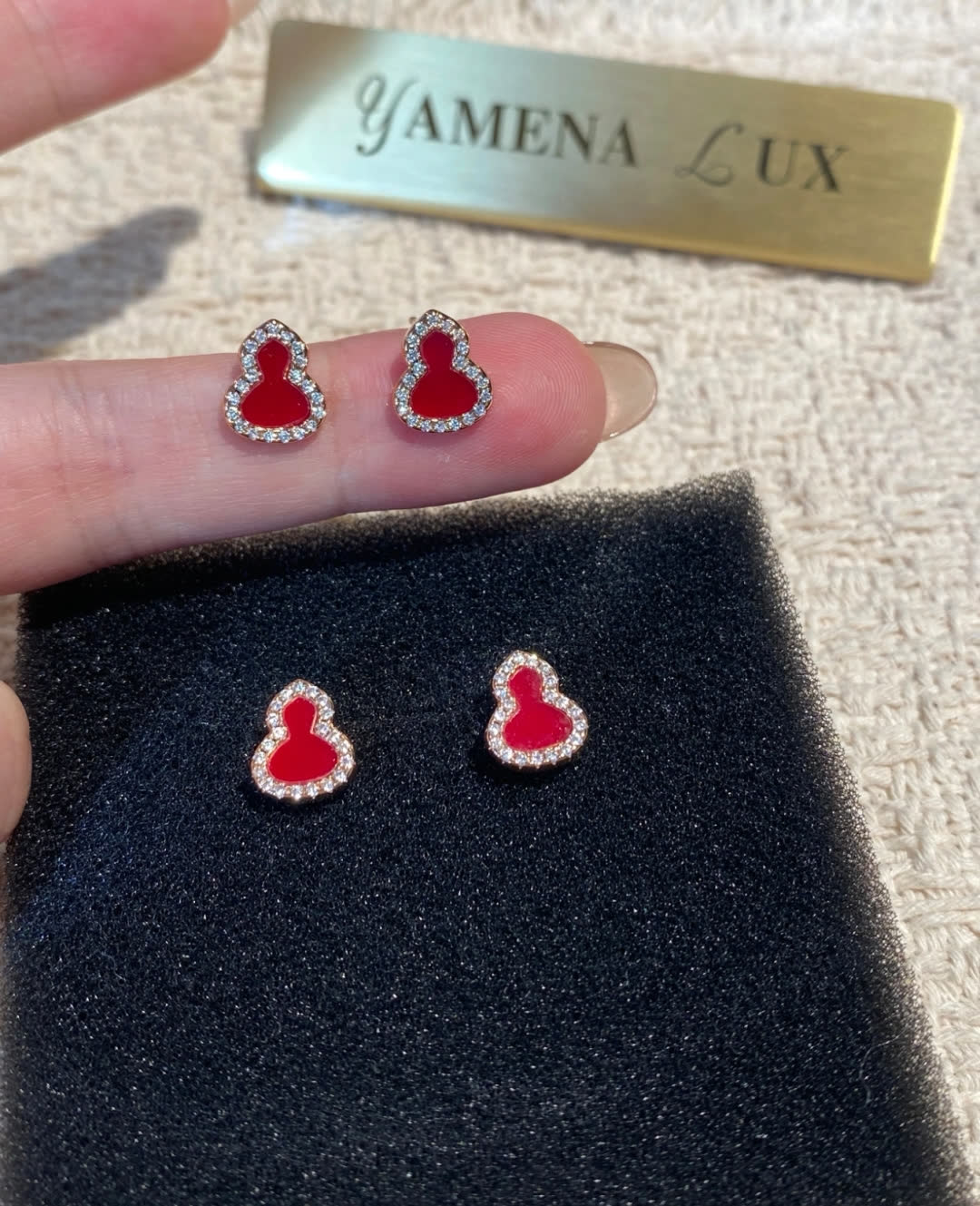Qeelin Gold Buddha Stud Earrings with Red Enamel
