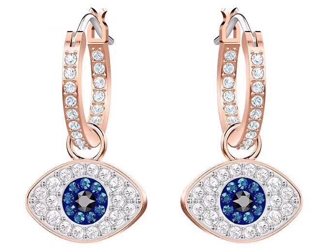 Swarovski Rose Gold Evil Eye Hoop Earrings with Blue and Clear Stones