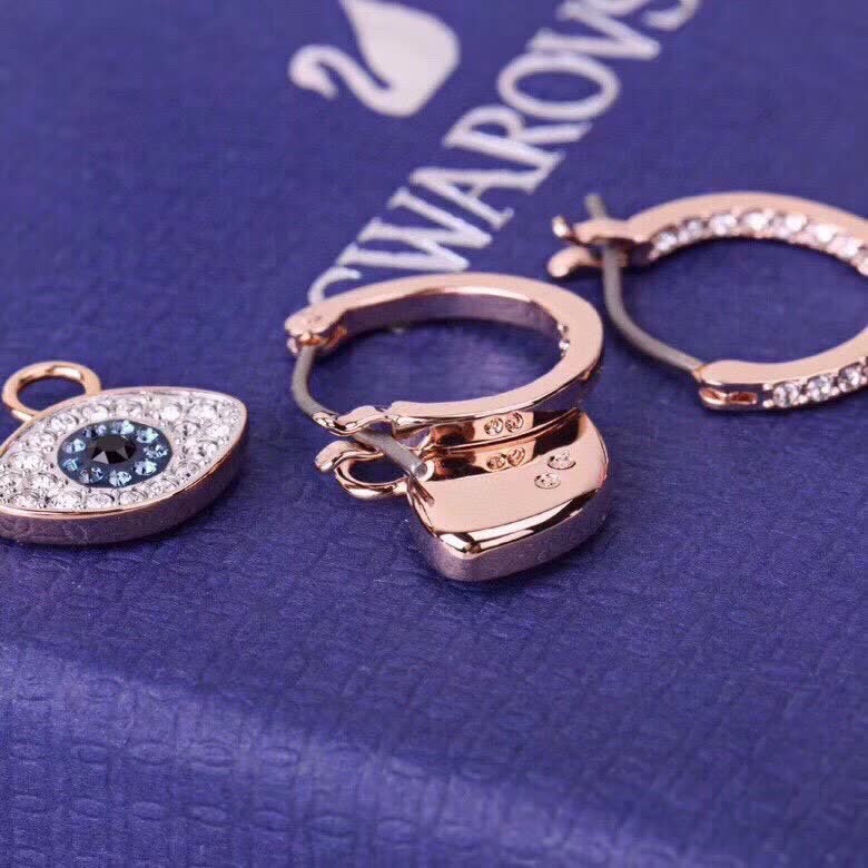 Swarovski Rose Gold Evil Eye Hoop Earrings with Blue and Clear Stones