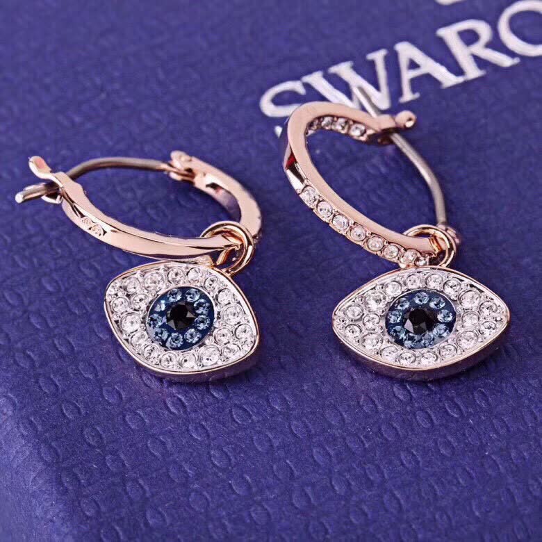 Swarovski Rose Gold Evil Eye Hoop Earrings with Blue and Clear Stones
