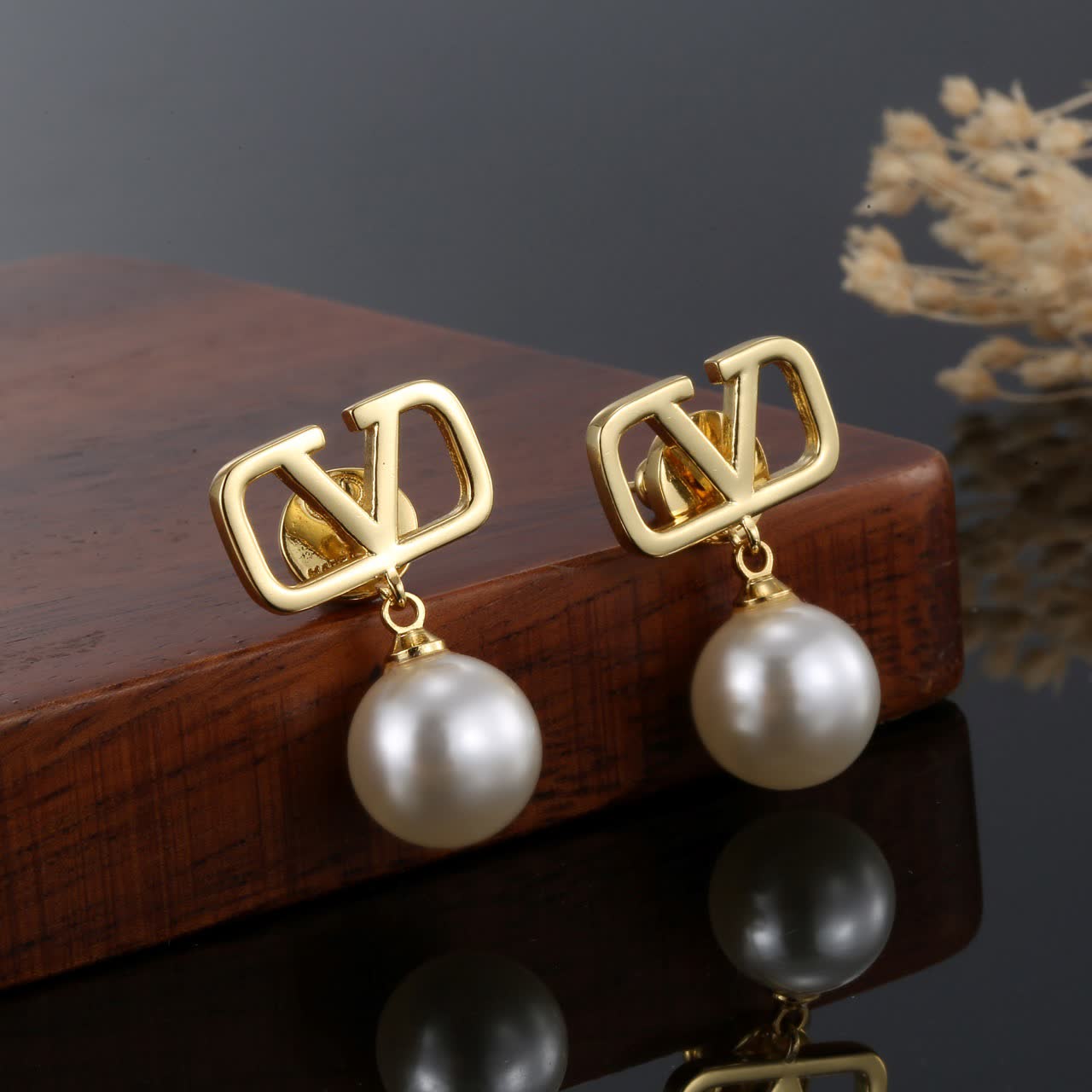Louis Vuitton Gold 'LV' Logo Pearl Earrings