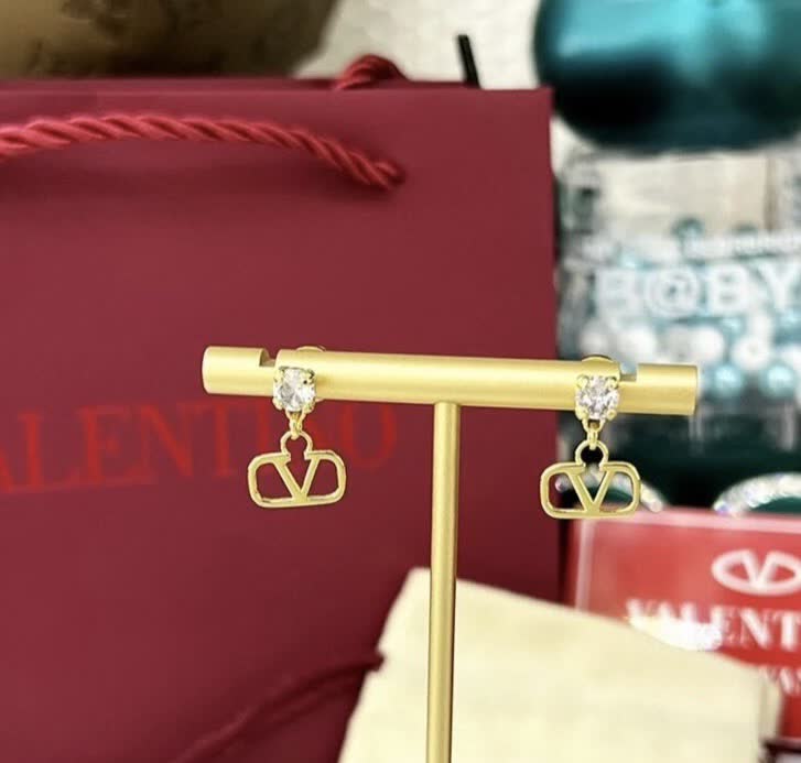 Valentino Dolce & Gabbana Gold Tone Crystal Logo Drop Earrings
