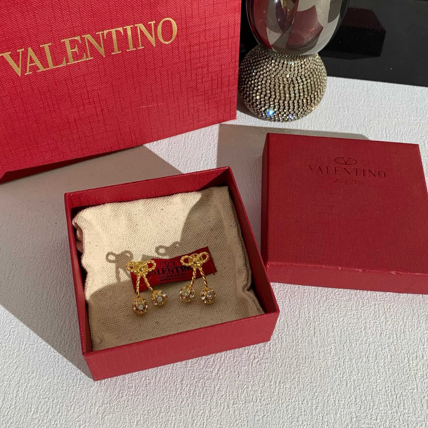Valentino Gold Bow and Crystal Drop Earrings