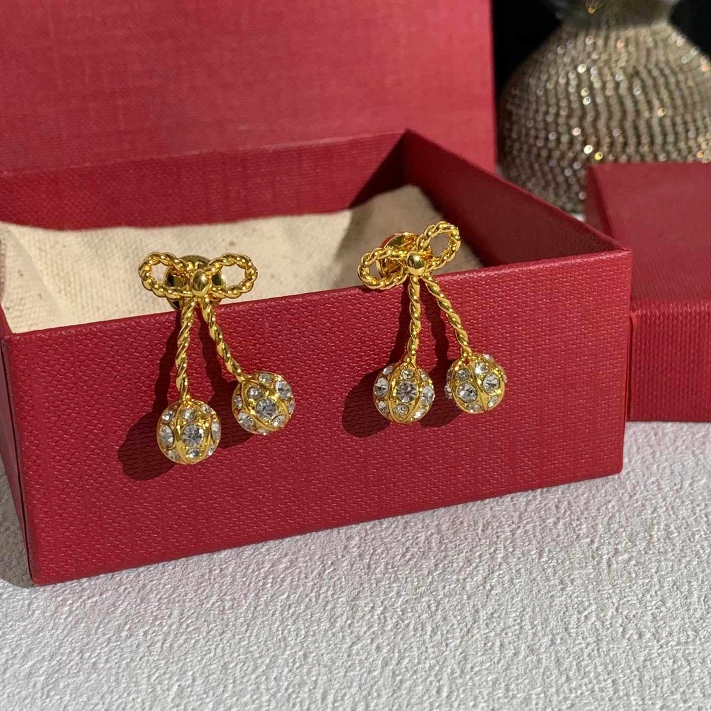 Valentino Gold Bow and Crystal Drop Earrings