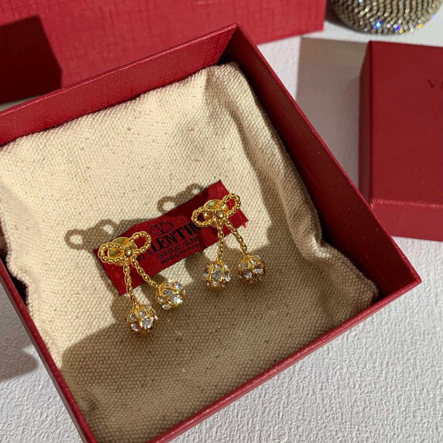 Valentino Gold Bow and Crystal Drop Earrings