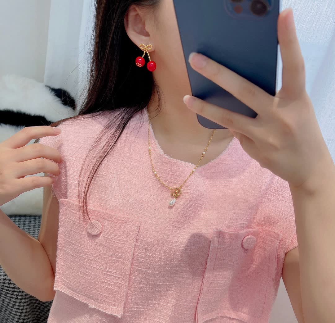 Valentino Gold Pearl Necklace with Red Cherry Earrings