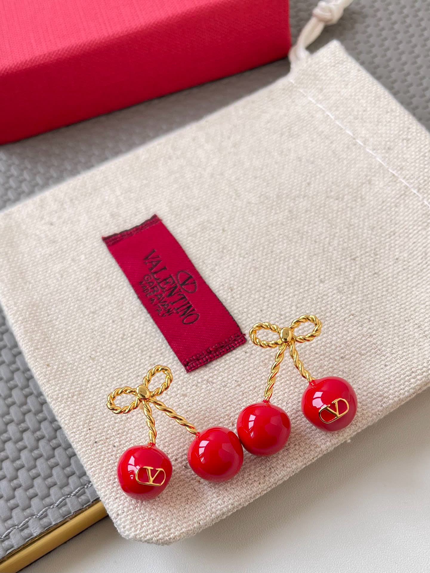 Valentino Gold Pearl Necklace with Red Cherry Earrings