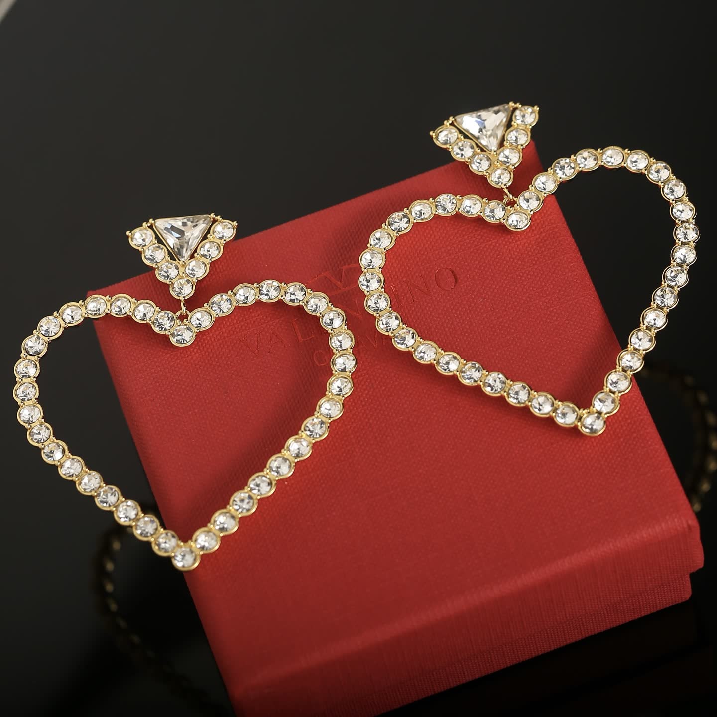 Valentino Gold Heart Shaped Earrings with Clear Stones