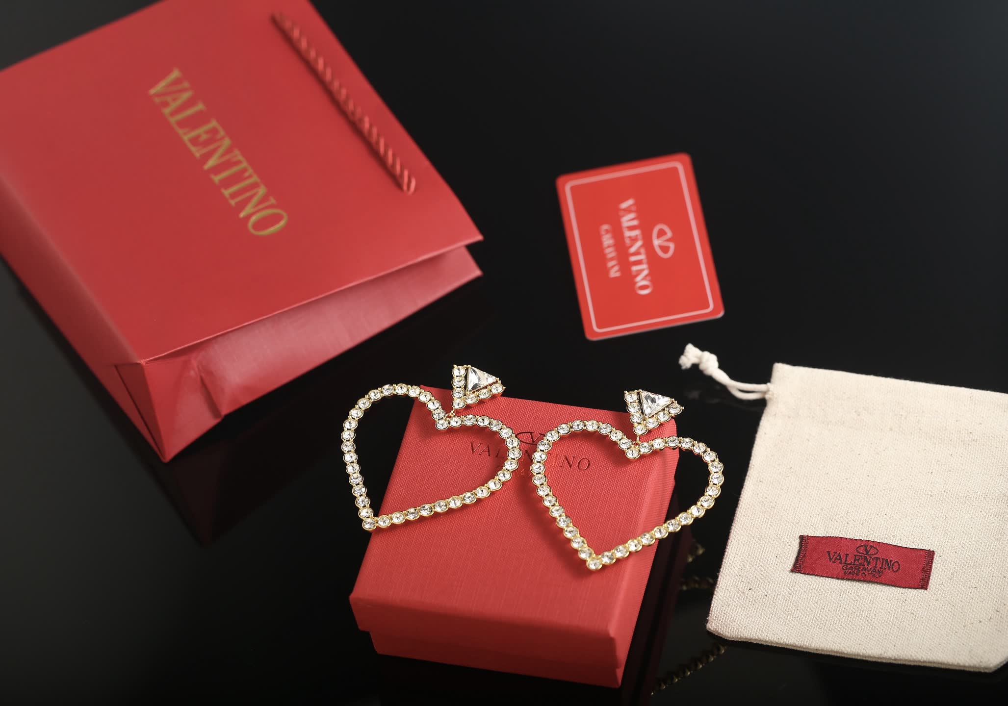 Valentino Gold Heart Shaped Earrings with Clear Stones