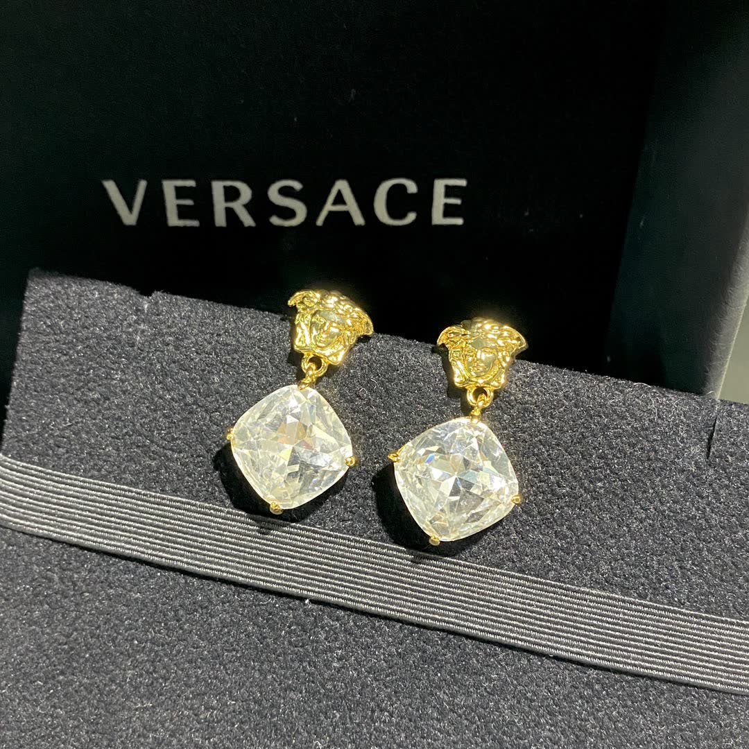 Versace Gold Tone Clear Gemstone Drop Earrings