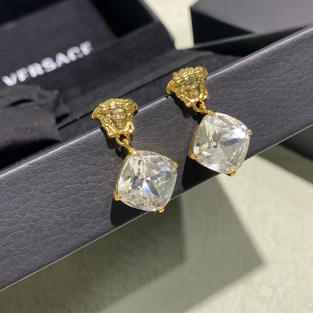Versace Gold Tone Clear Gemstone Drop Earrings