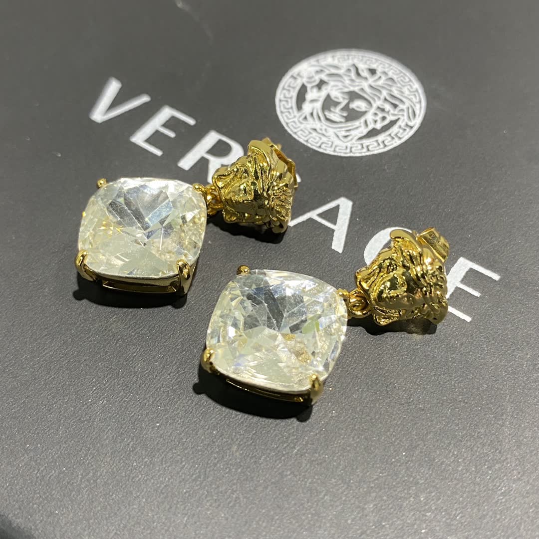 Versace Gold Tone Clear Gemstone Drop Earrings