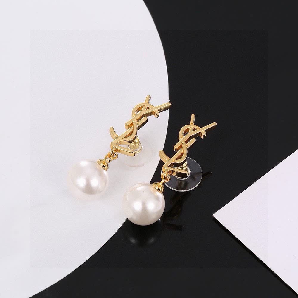 Saint Laurent YSL Logo Pearl Drop Earrings