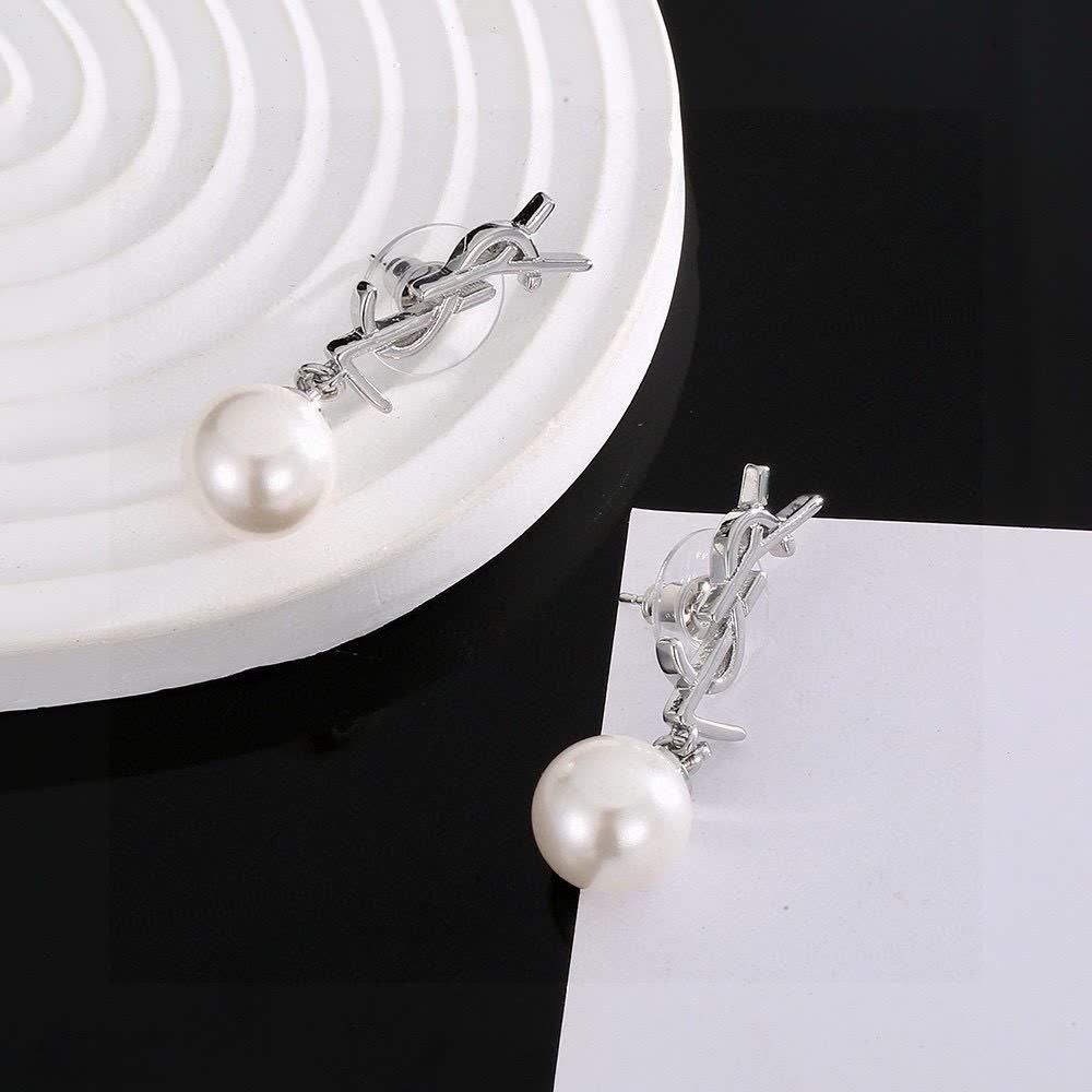 Saint Laurent YSL Logo Pearl Drop Earrings