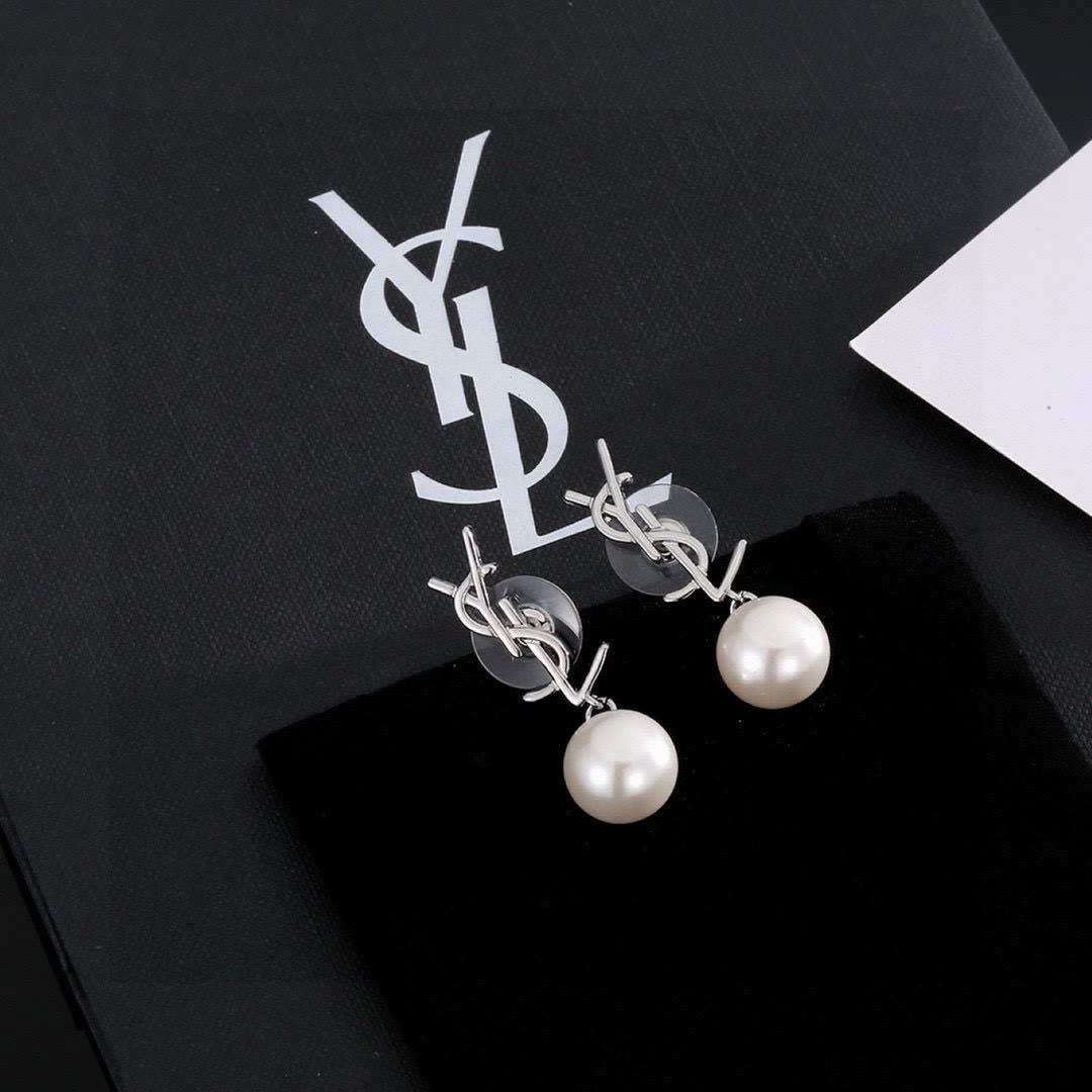 Saint Laurent YSL Logo Pearl Drop Earrings
