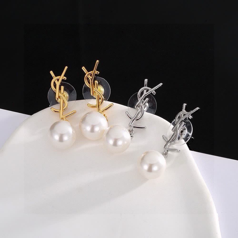 Saint Laurent YSL Logo Pearl Drop Earrings
