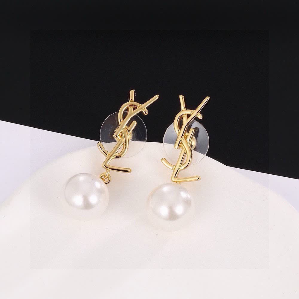 Saint Laurent YSL Logo Pearl Drop Earrings
