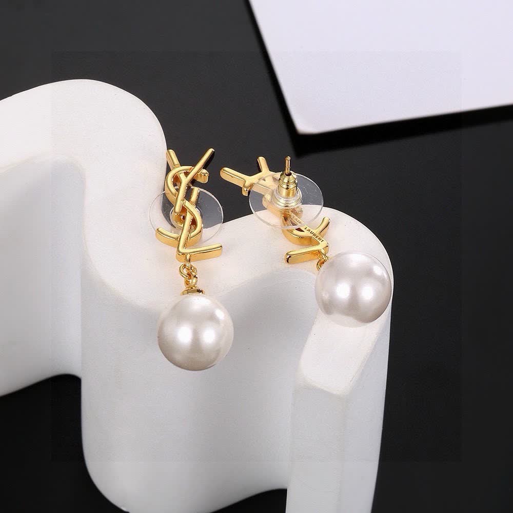 Saint Laurent YSL Logo Pearl Drop Earrings