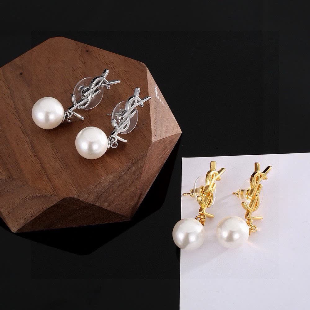 Saint Laurent YSL Logo Pearl Drop Earrings