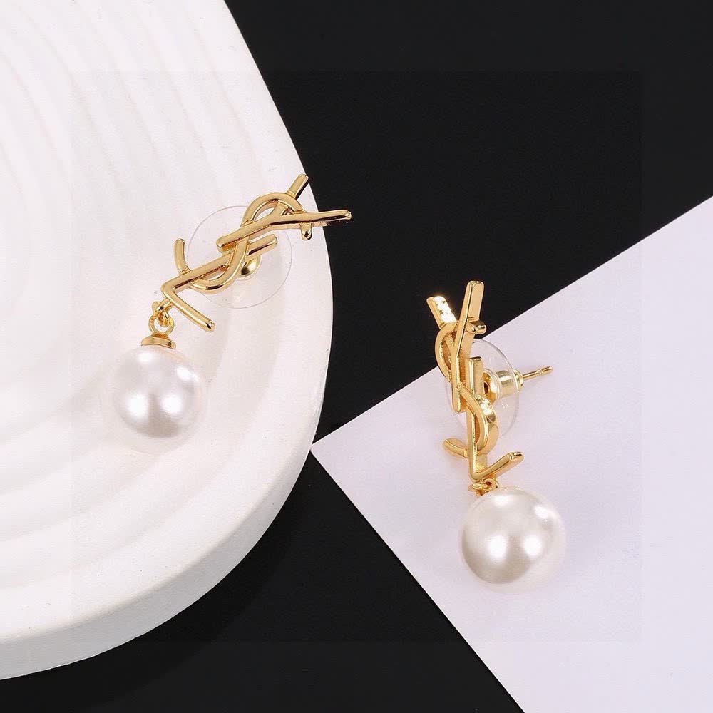 Saint Laurent YSL Logo Pearl Drop Earrings