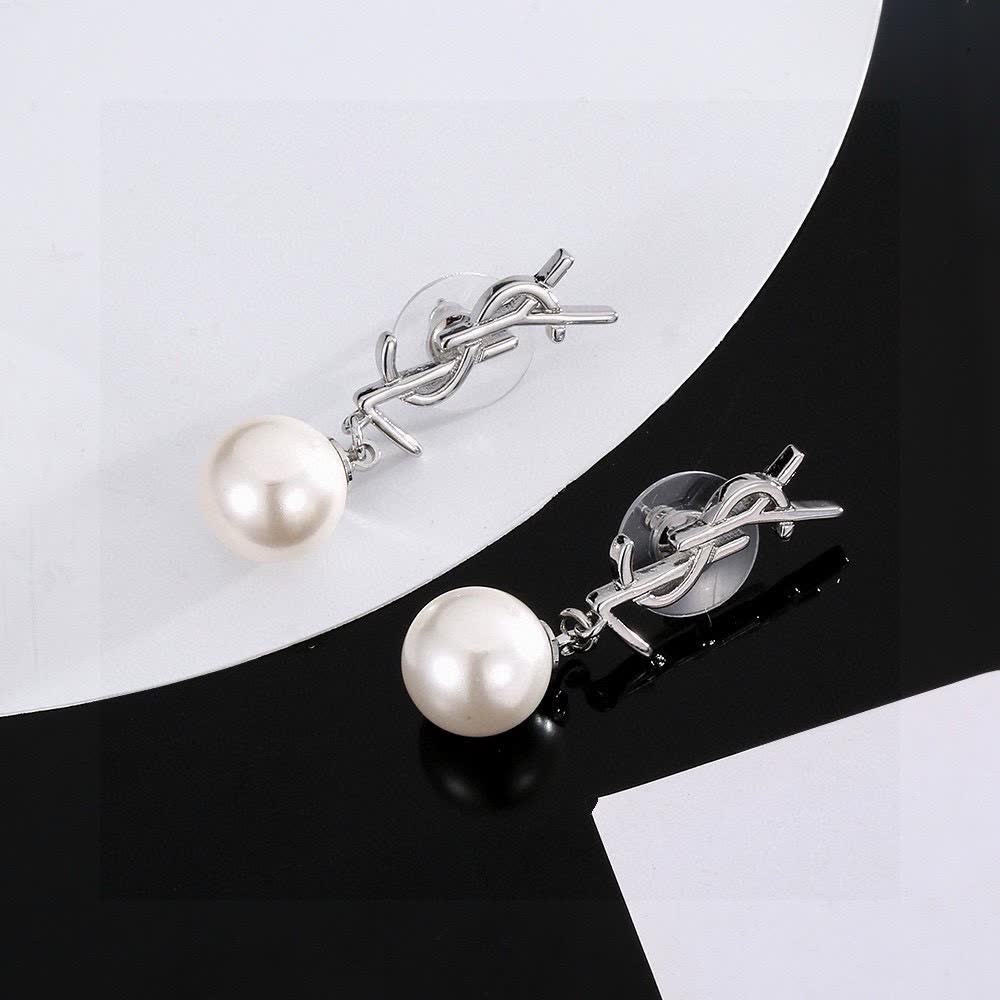 Saint Laurent YSL Logo Pearl Drop Earrings