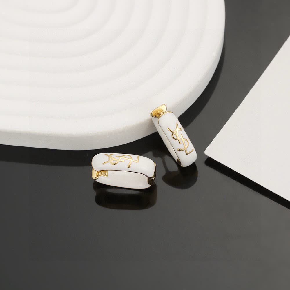 Saint Laurent YSL Logo White Enamel Clip-On Earrings