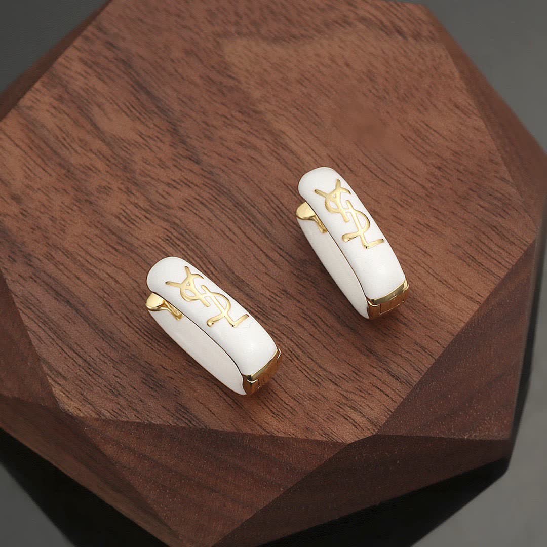 Saint Laurent YSL Logo White Enamel Clip-On Earrings