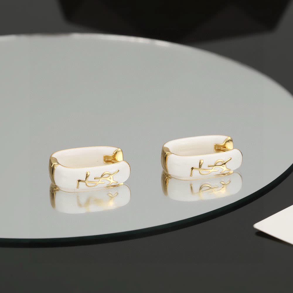Saint Laurent YSL Logo White Enamel Clip-On Earrings