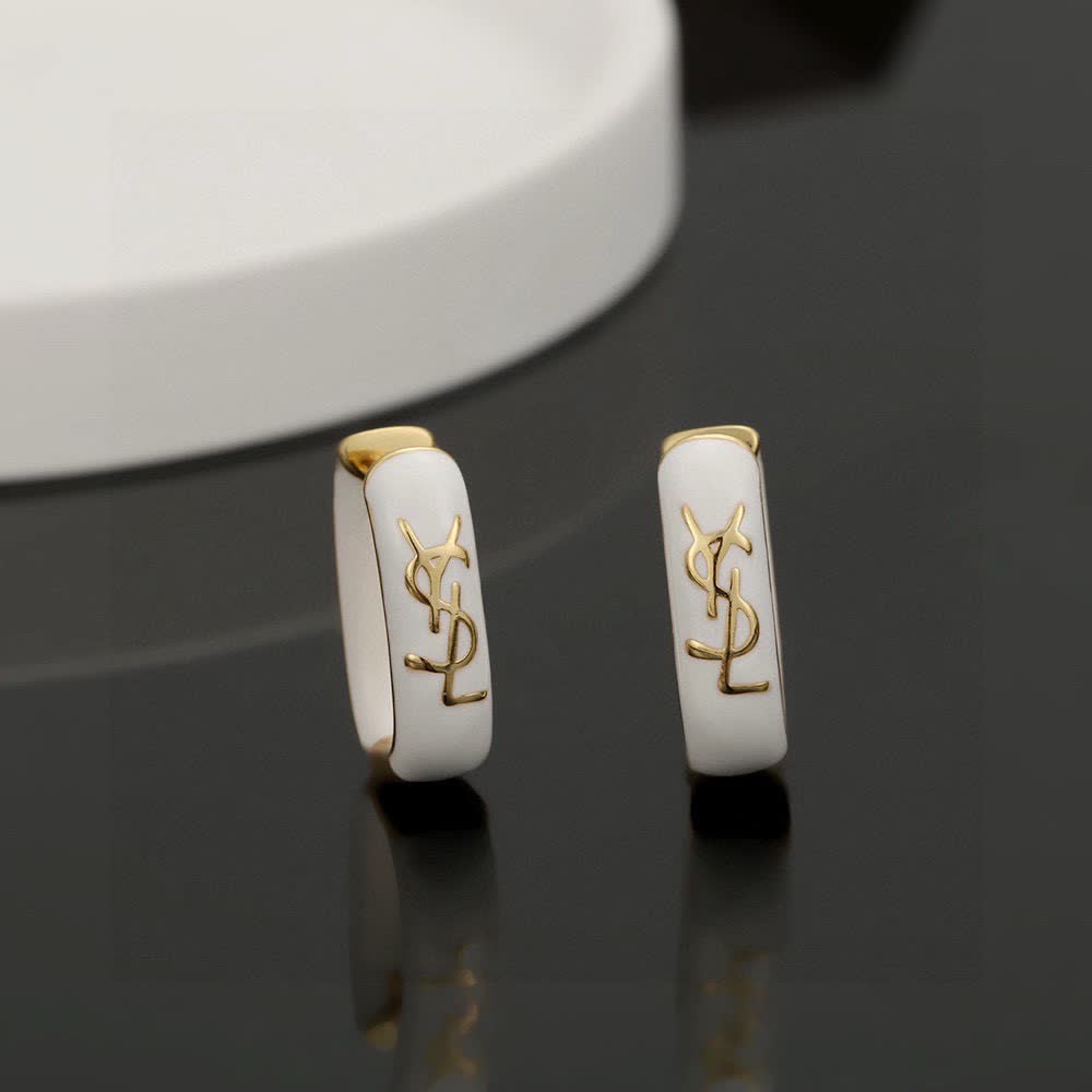 Saint Laurent YSL Logo White Enamel Clip-On Earrings
