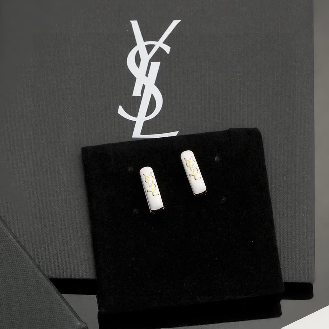 Saint Laurent YSL Logo White Enamel Clip-On Earrings