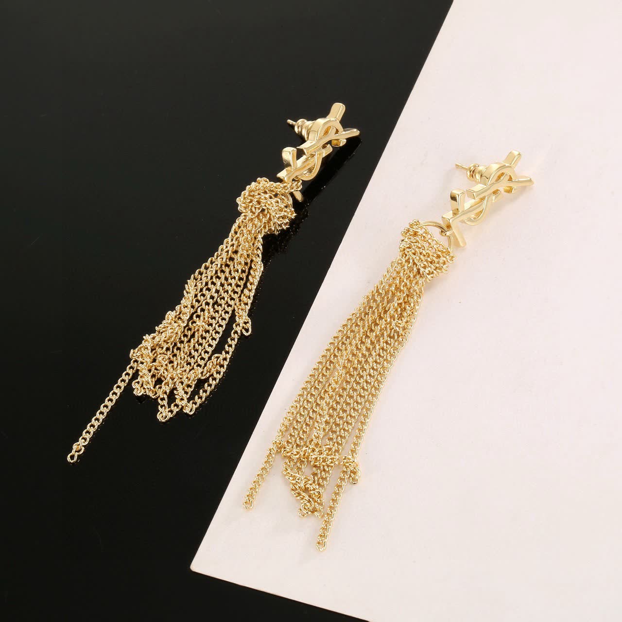 Saint Laurent YSL Gold Chain Tassel Earrings