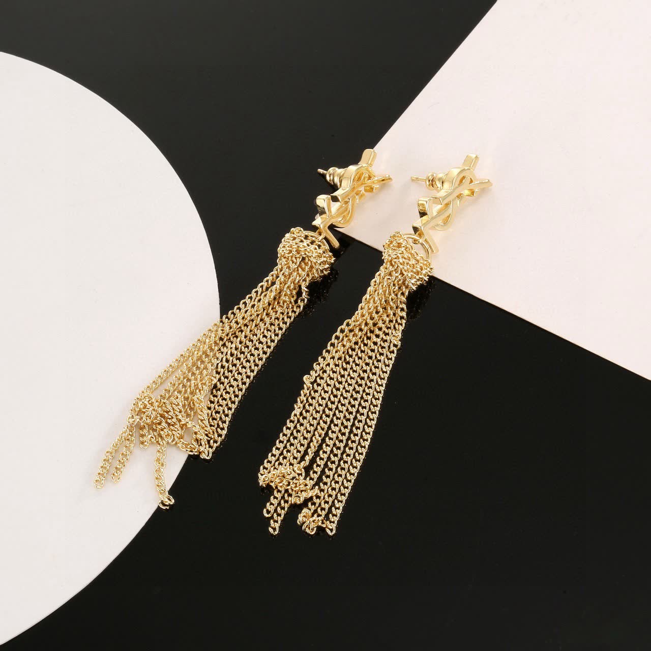 Saint Laurent YSL Gold Chain Tassel Earrings