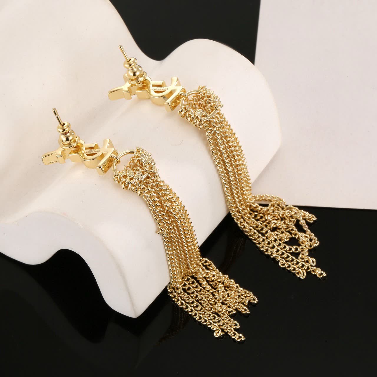 Saint Laurent YSL Gold Chain Tassel Earrings